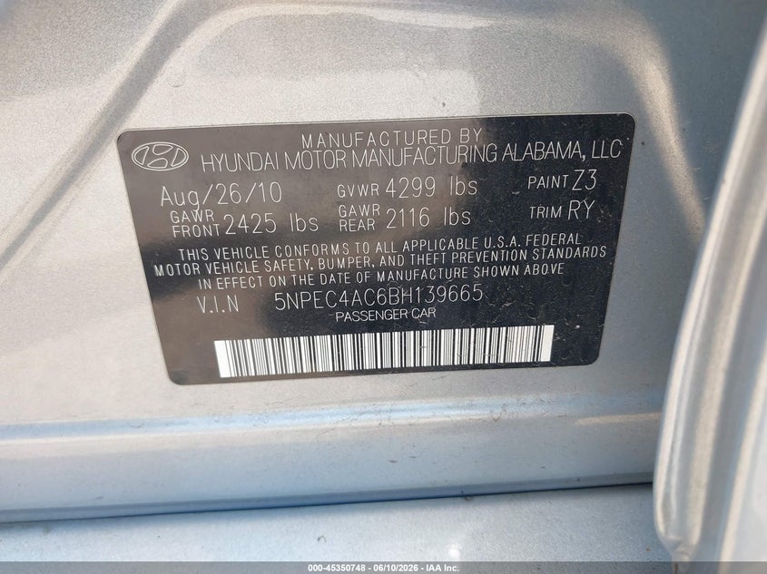 2011 Hyundai Sonata VIN 5NPEC4AC6BH139665 IAAI salvage auction — FRONT END, Salvage (Indiana), sold $425 on 2026-07-07 (photo 9)