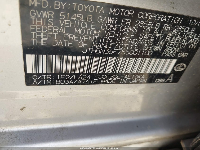 2005 Lexus Ls 430 VIN JTHBN36F755001100 IAAI salvage auction — NORMAL WEAR, Clear (Virginia), sold $375 on 2026-07-27 (photo 9)