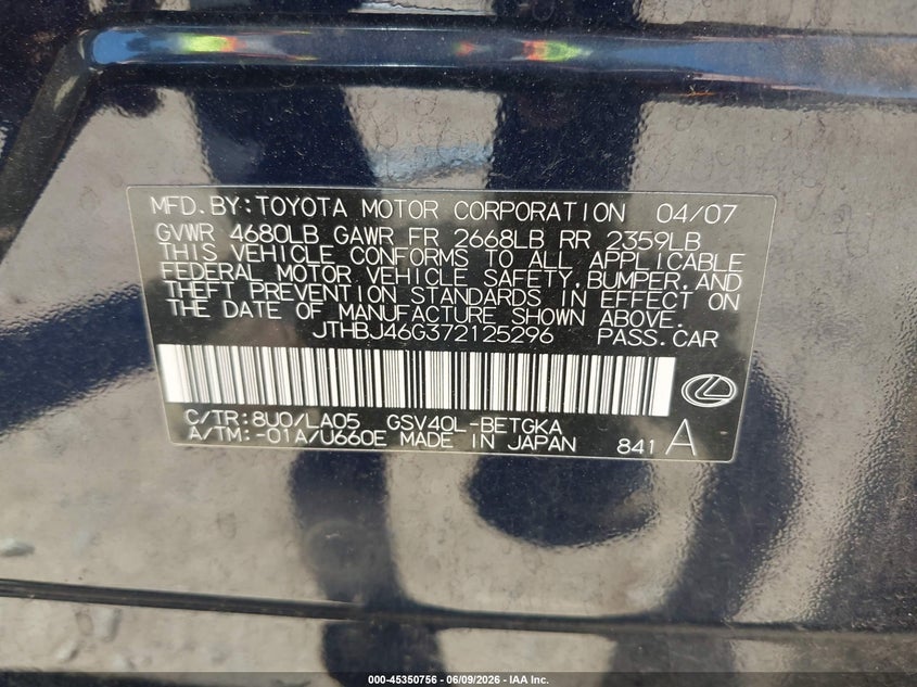 2007 Lexus Es 350 VIN JTHBJ46G372125296 IAAI salvage auction — NORMAL WEAR, App For Dup Clear (California), sold $775 on 2026-07-08 (photo 9)