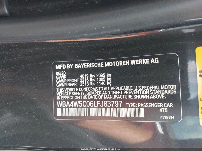 2020 BMW 4er VIN WBA4W5C06LFJ83797 IAAI salvage auction — HAIL, Salvage (Ohio), sold $9,100 on 2026-07-07 (photo 9)