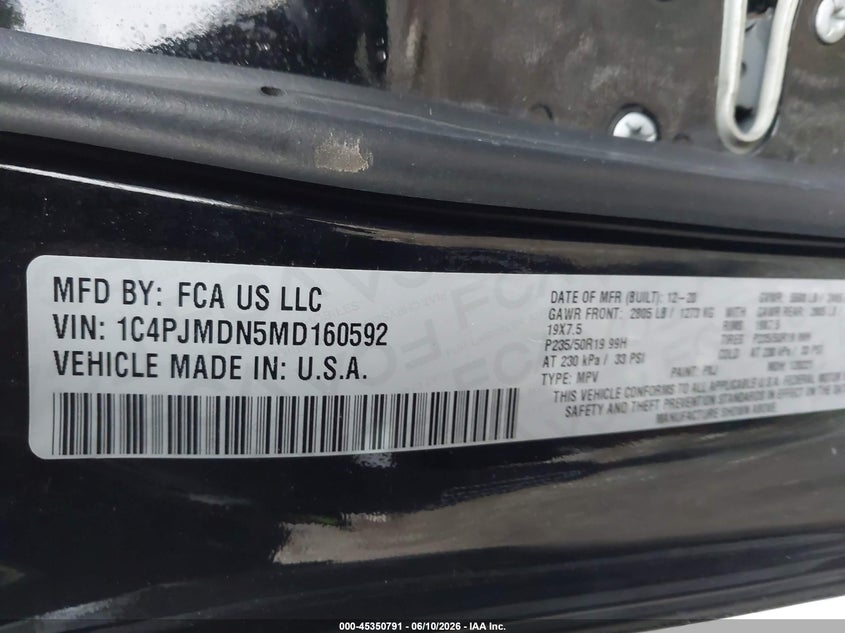 2021 Jeep Cherokee VIN 1C4PJMDN5MD160592 IAAI salvage auction — FRONT END, Clear Claim Paid (Wisconsin), sold $4,250 on 2026-07-10 (photo 9)