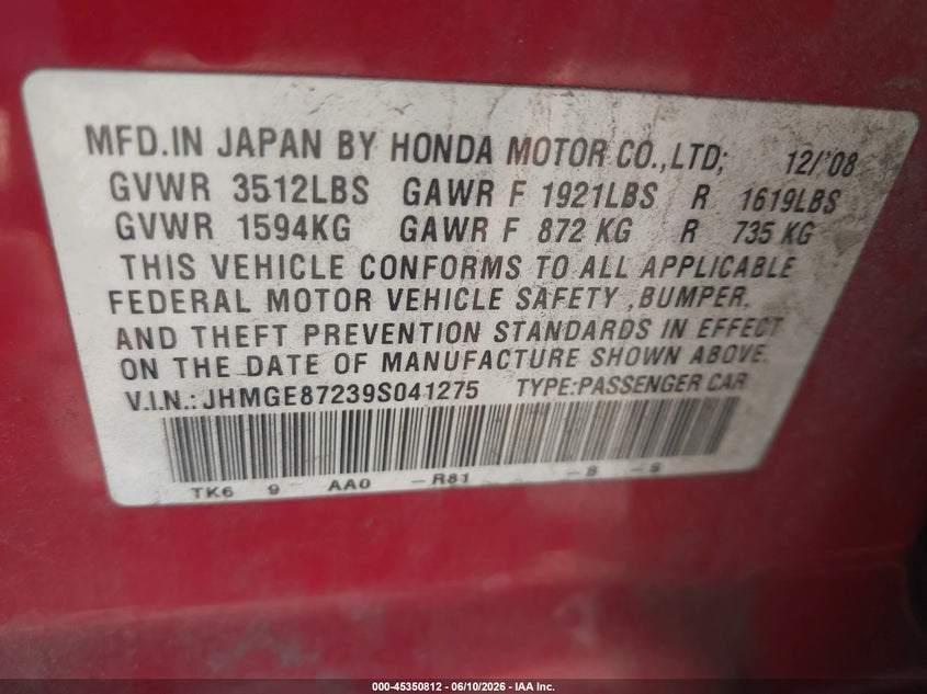 2009 Honda Fit VIN JHMGE87239S041275 IAAI salvage auction — NORMAL WEAR, Clear (Utah), sold $825 on 2026-07-09 (photo 9)