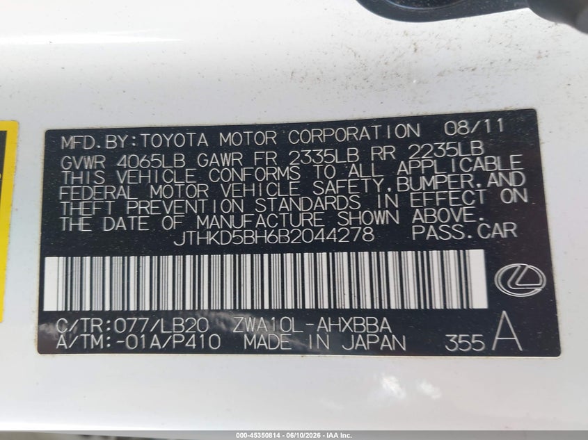 2011 Lexus Ct 200h VIN JTHKD5BH6B2044278 IAAI salvage auction — FRONT END, Salvage (Massachusetts), sold $2,150 on 2026-07-21 (photo 9)