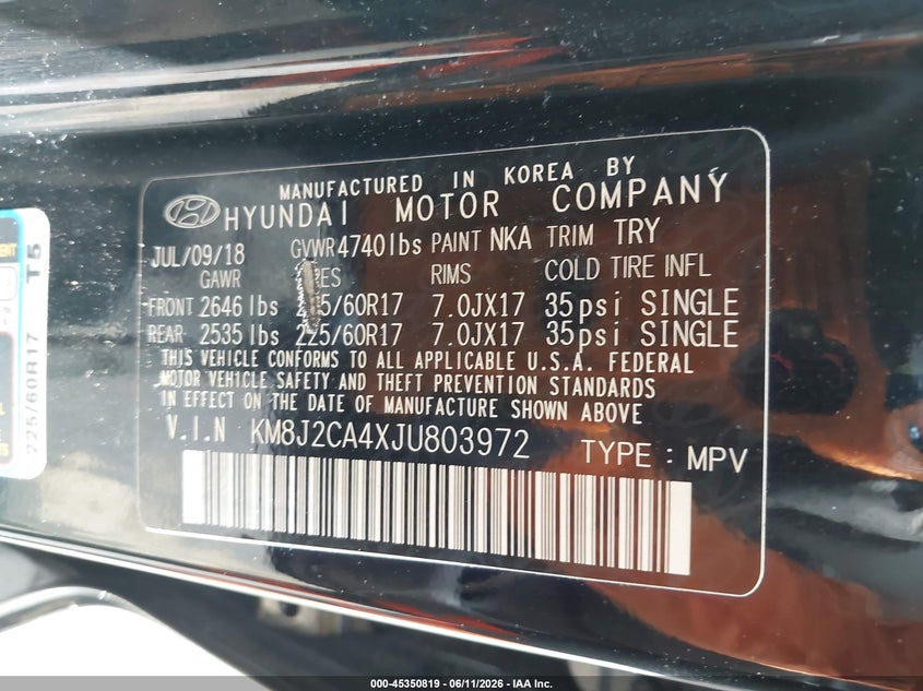2018 Hyundai Tucson VIN KM8J2CA4XJU803972 IAAI salvage auction — THEFT, Salvage Title, sold $4,200 on 2026-07-25 (photo 9)