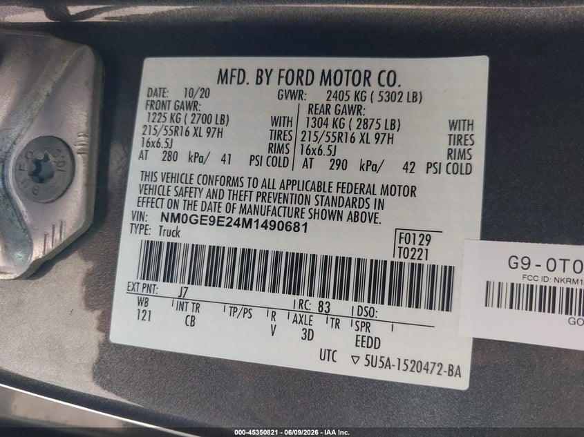 2021 Ford Transit connect VIN NM0GE9E24M1490681 IAAI salvage auction — NORMAL WEAR, Sf97 (Indiana), sold $13,700 on 2026-07-15 (photo 9)