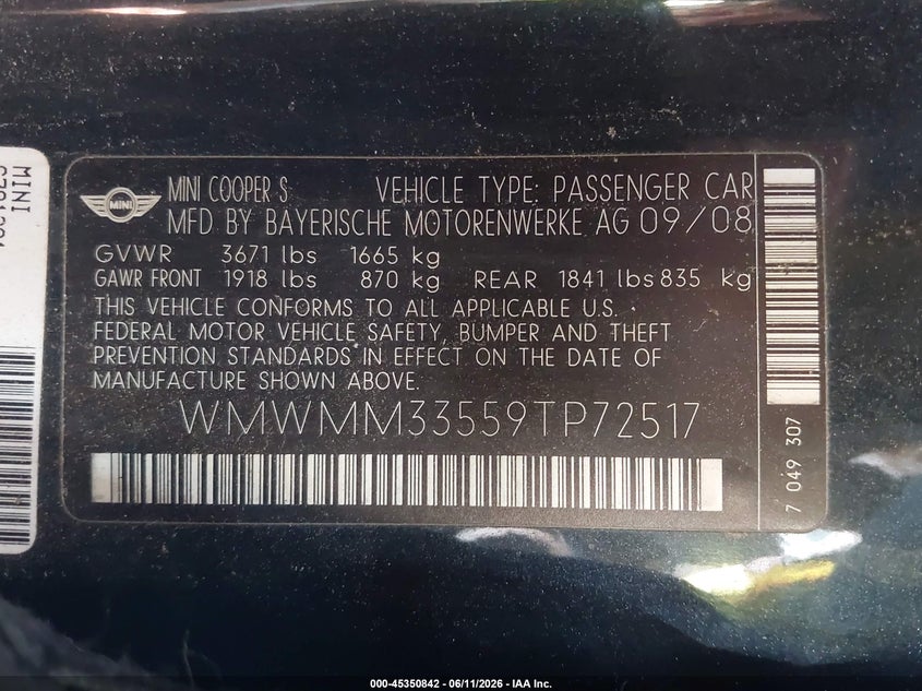 2009 Mini Cooper VIN WMWMM33559TP72517 IAAI salvage auction — REAR END, Mv-907A (New York), sold $425 on 2026-08-04 (photo 9)