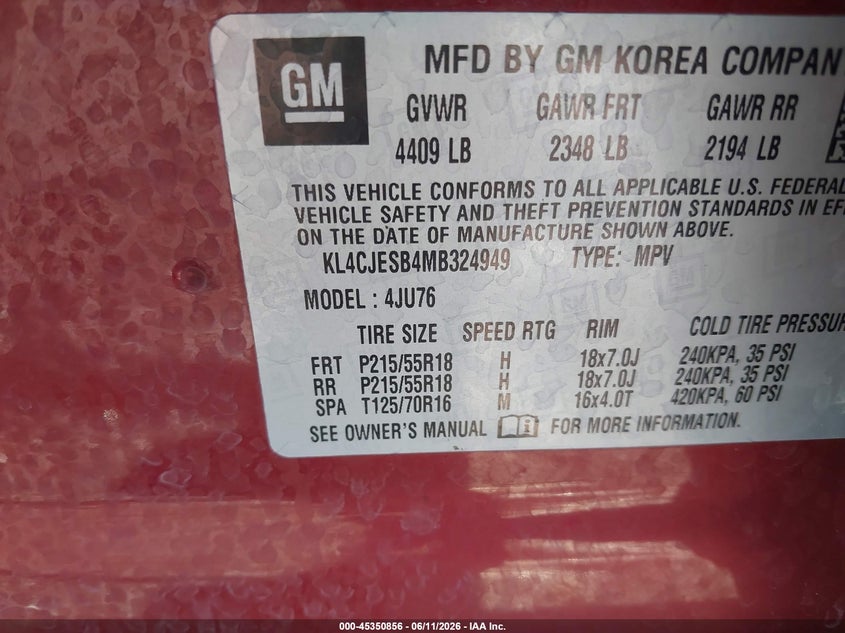 2021 Buick Encore VIN KL4CJESB4MB324949 IAAI salvage auction — FRONT END, Certificate Of Destruction (Florida), sold $1,450 on 2026-07-21 (photo 9)
