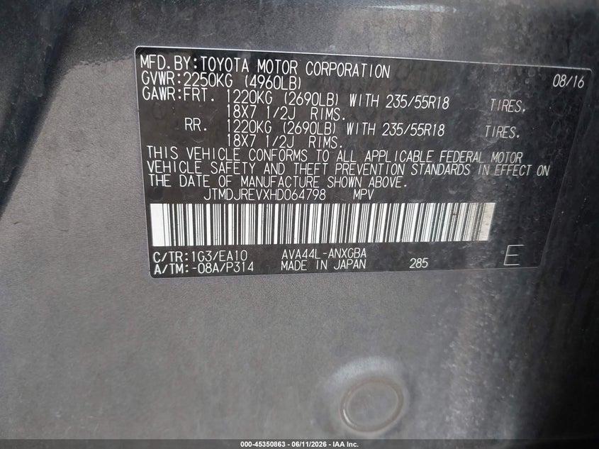 2017 Toyota VIN JTMDJREVXHD064798 IAAI salvage auction — ENGINE DAMAGE, Salvage (Texas), sold $4,200 on 2026-07-29 (photo 9)