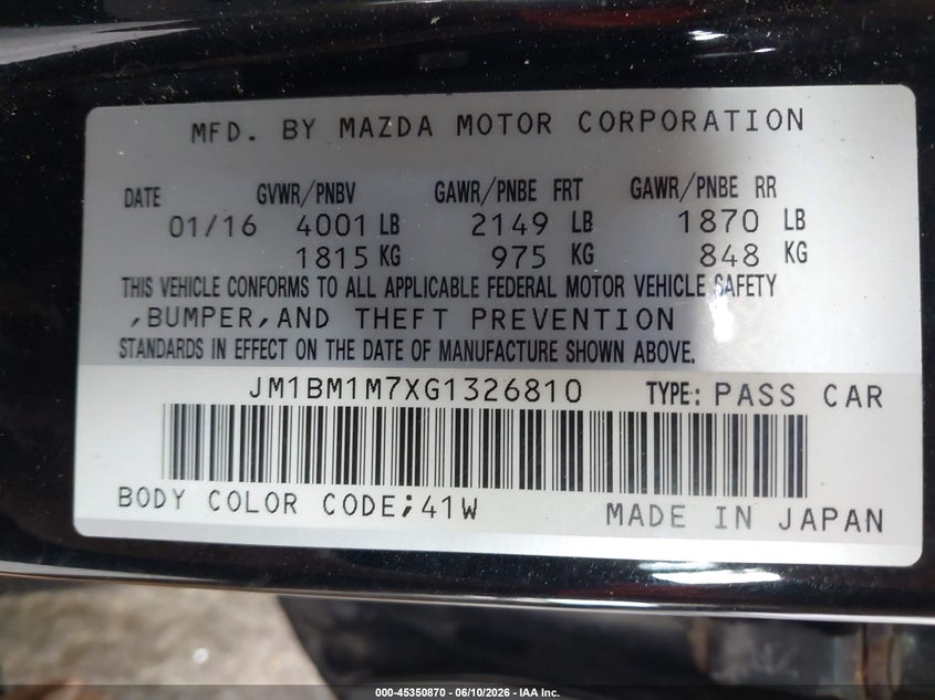 2016 Mazda 3 VIN JM1BM1M7XG1326810 IAAI salvage auction — FRONT END, Rebuildable (Florida), sold $550 on 2026-07-14 (photo 9)