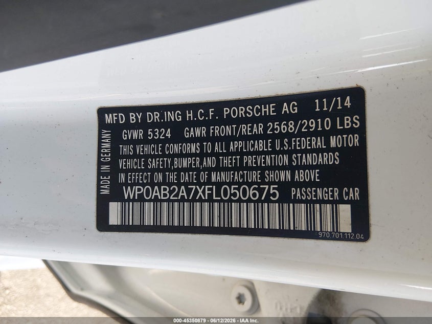 2015 Porsche Panamera VIN WP0AB2A7XFL050675 IAAI salvage auction — LEFT REAR, Salvage (South Carolina), sold $6,450 on 2026-07-29 (photo 9)