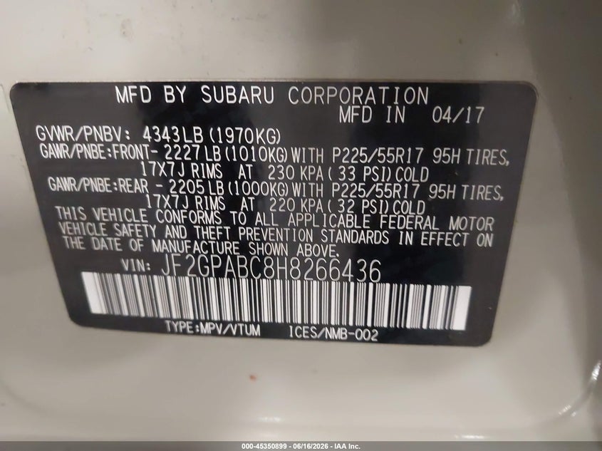 2017 Subaru Xv VIN JF2GPABC8H8266436 IAAI salvage auction — FRONT END, Salvage (Iowa), sold $3,900 on 2026-07-07 (photo 9)