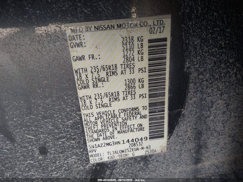 2017 Nissan Murano VIN 5N1AZ2MG3HN144049 IAAI salvage auction — FRONT END, Salvage (Texas), sold $1,650 on 2026-07-09 (photo 9)