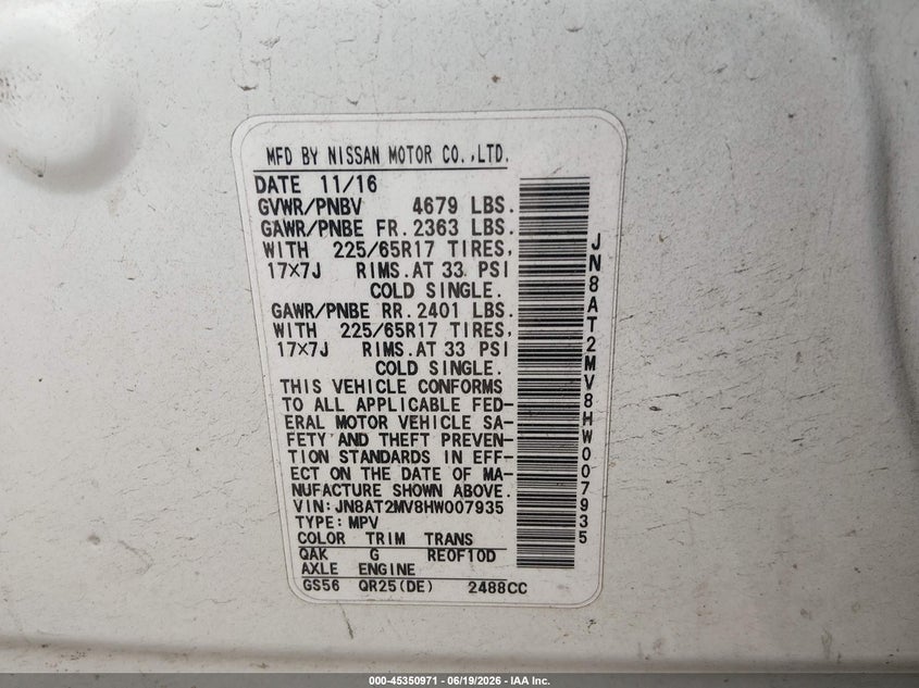 2017 Nissan Rogue VIN JN8AT2MV8HW007935 IAAI salvage auction — FRONT END, Salvage Title, sold $350 on 2026-07-28 (photo 9)