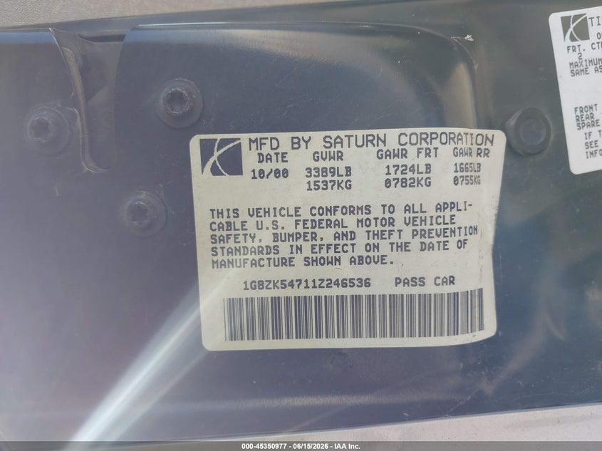 2001 Saturn Sl2 VIN 1G8ZK54711Z246536 IAAI salvage auction — FRONT END, Salvage (California), sold $250 on 2026-07-08 (photo 9)