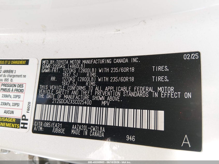 2025 Lexus Nx VIN 2T2GDCAZXSC025400 IAAI salvage auction — FRONT & REAR, Salvage Title, sold $8,800 on 2026-07-29 (photo 9)