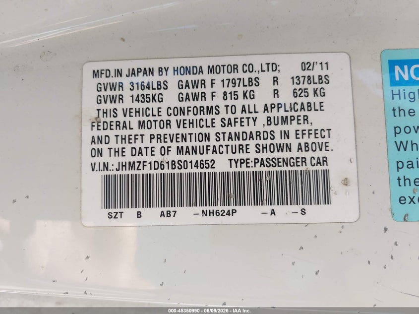 2011 Honda Cr-z VIN JHMZF1D61BS014652 IAAI salvage auction — NORMAL WEAR, Clear - Dealer Only (California), sold $150 on 2026-07-22 (photo 9)