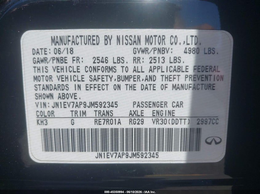 2018 Infiniti Q50 VIN JN1EV7AP9JM592345 IAAI salvage auction — FRONT END, Salvage (California), sold $1,850 on 2026-07-29 (photo 9)