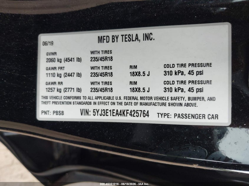 2019 Tesla Model 3 VIN 5YJ3E1EA4KF425764 IAAI salvage auction — SIDE, Salvage (Idaho), sold $5,700 on 2026-07-09 (photo 9)