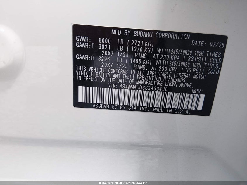2025 Subaru Ascent VIN 4S4WMAUD3S3433438 IAAI salvage auction — FRONT END, Salvage Title, sold $11,200 on 2026-08-20 (photo 9)