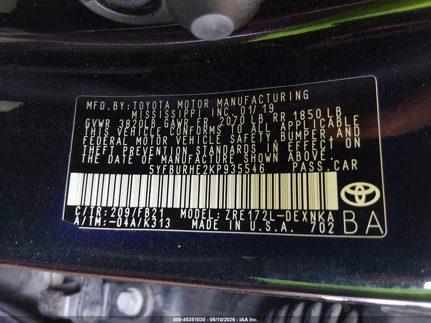 2019 Toyota Corolla VIN 5YFBURHE2KP935546 IAAI salvage auction — RIGHT FRONT, Salvage (Arizona), sold $75 on 2026-07-28 (photo 9)