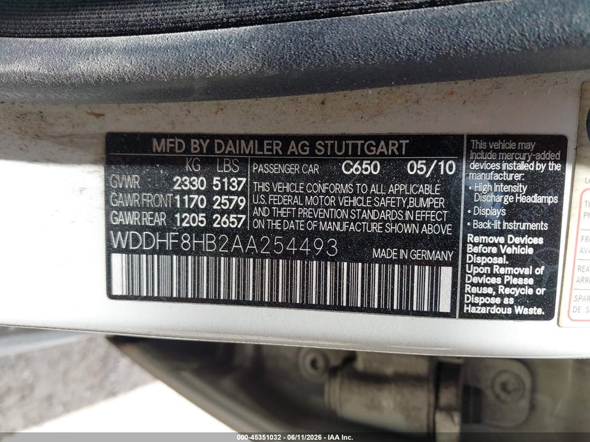 2010 Mercedes-benz E-class VIN WDDHF8HB2AA254493 IAAI salvage auction — HAIL, Original (Texas), sold $600 on 2026-07-22 (photo 9)