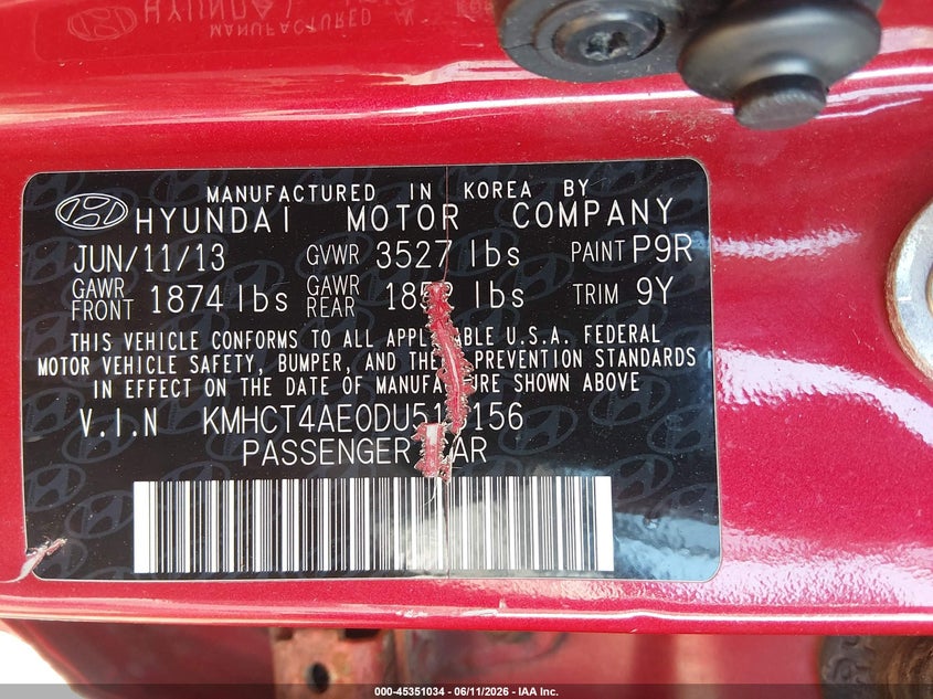 2013 Hyundai Accent VIN KMHCT4AE0DU518156 IAAI salvage auction — SIDE, Salvage (Ohio), sold $350 on 2026-07-08 (photo 9)