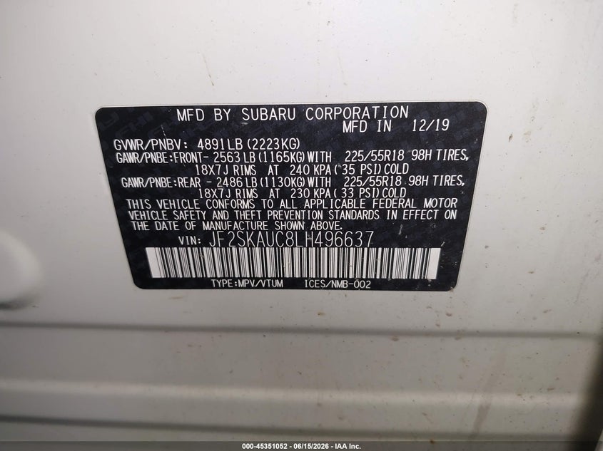 2020 Subaru Forester VIN JF2SKAUC8LH496637 IAAI salvage auction — RIGHT FRONT, Salvage (Pennsylvania), sold $3,100 on 2026-07-16 (photo 9)
