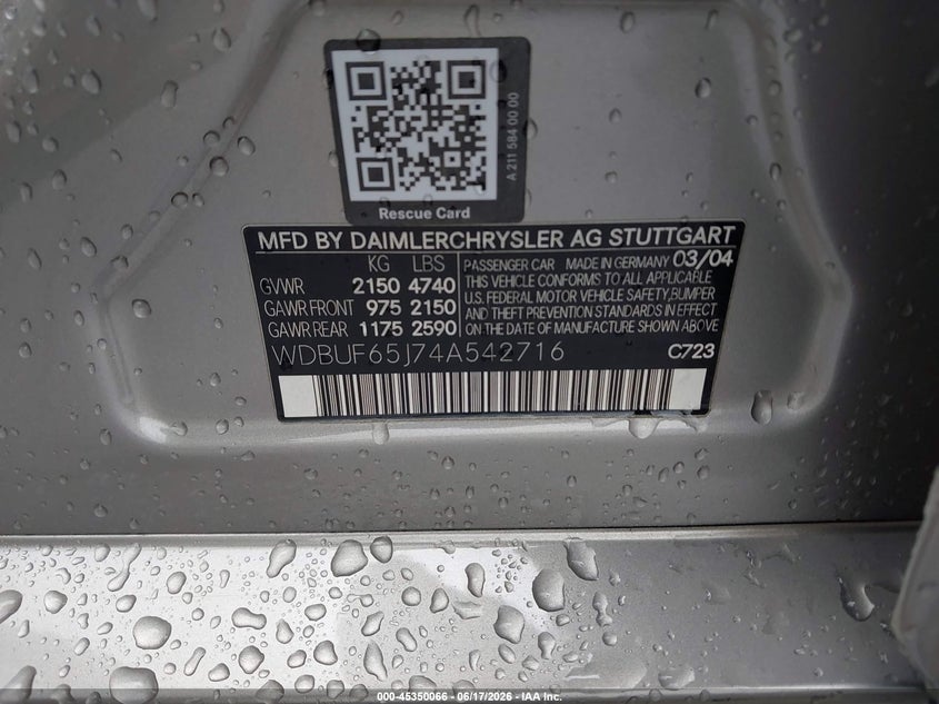2004 Mercedes-benz E-class VIN WDBUF65J74A542716 IAAI salvage auction — LEFT SIDE, Salvage (South Carolina), sold $250 on 2026-07-22 (photo 9)