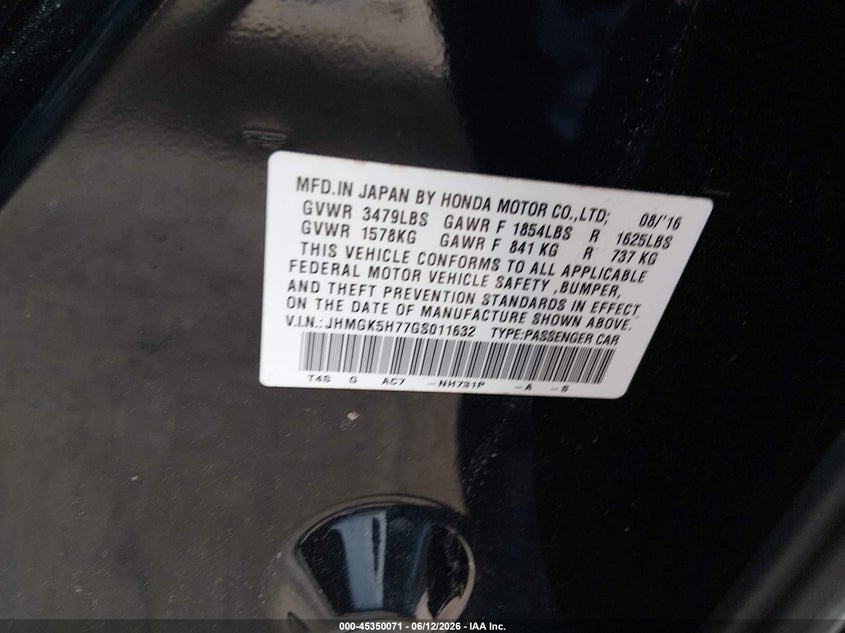 2016 Honda Fit VIN JHMGK5H77GS011632 IAAI salvage auction — FRONT END, Salvage Title, sold $375 on 2026-07-22 (photo 9)