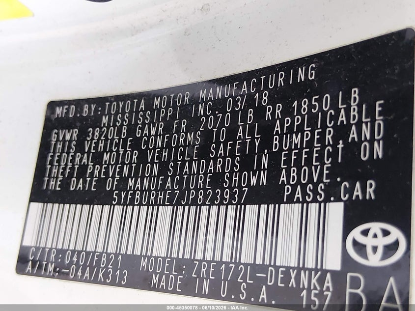 2018 Toyota Corolla VIN 5YFBURHE7JP823937 IAAI salvage auction — NORMAL WEAR, Original (Texas), sold $2,600 on 2026-07-21 (photo 9)