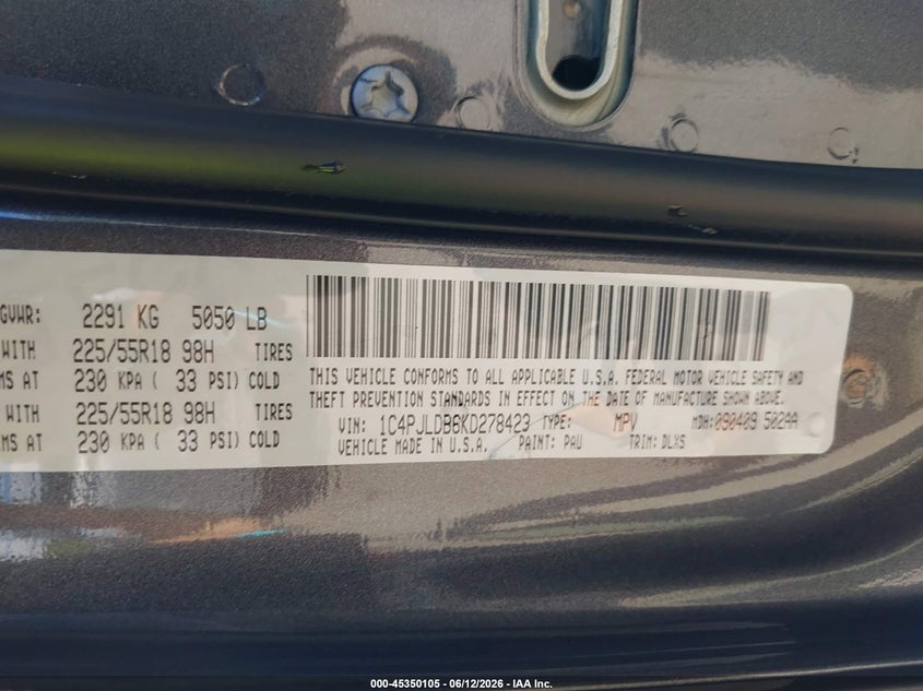 2019 Jeep Cherokee VIN 1C4PJLDB6KD278423 IAAI salvage auction — WATER/FLOOD, Certificate Of Destruction (Louisiana), sold $2,600 on 2026-07-19 (photo 9)