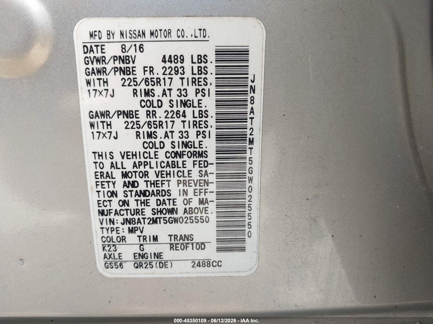 2016 Nissan Rogue VIN JN8AT2MT5GW025550 IAAI salvage auction — FRONT END, Salvage (Texas), sold $450 on 2026-07-23 (photo 9)