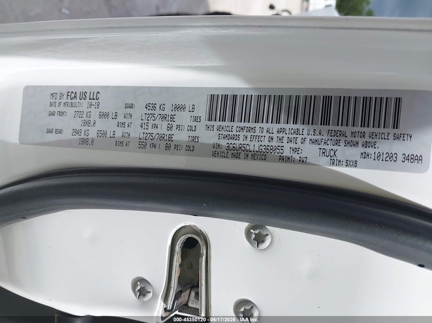 2018 Ram 2500 VIN 3C6UR5CL1JG368055 IAAI salvage auction — FRONT END, Salvage Title, sold $7,700 on 2026-07-24 (photo 9)