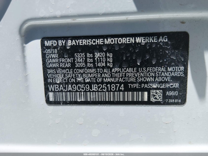 2018 BMW 5er VIN WBAJA9C59JB251874 IAAI salvage auction — FRONT END, Wait Title, sold $4,950 on 2026-08-02 (photo 9)