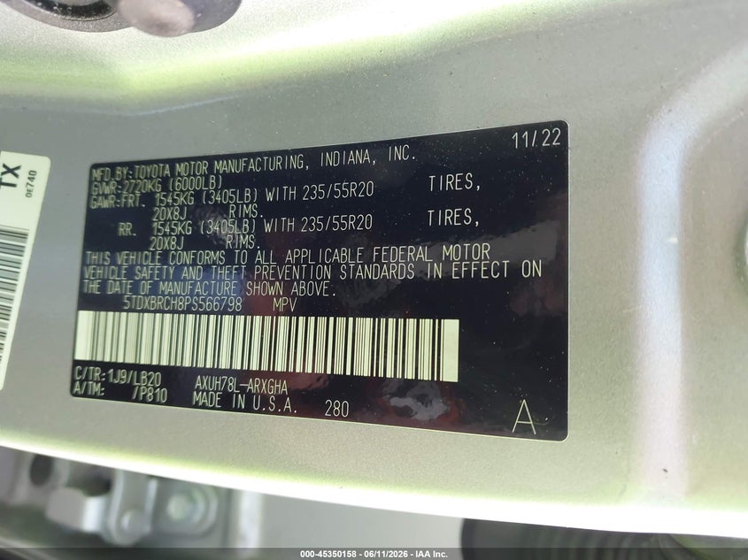 2023 Toyota Highlander VIN 5TDXBRCH8PS566798 IAAI salvage auction — RIGHT FRONT, Bill Of Sale X2 (Washington), sold $7,250 on 2026-07-21 (photo 9)