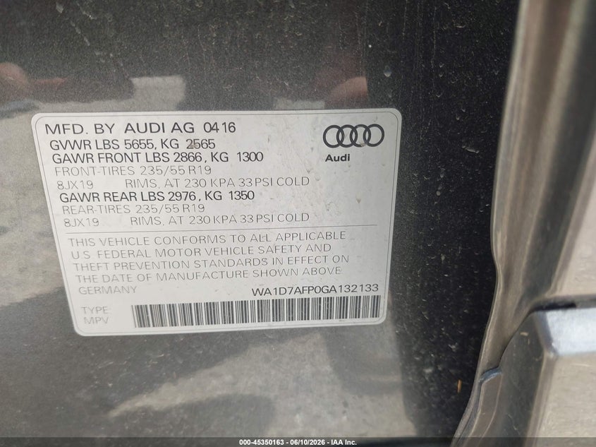 2016 Audi Q5 VIN WA1D7AFP0GA132133 IAAI salvage auction — REAR END, Salvage (Illinois), sold $25 on 2026-07-29 (photo 9)