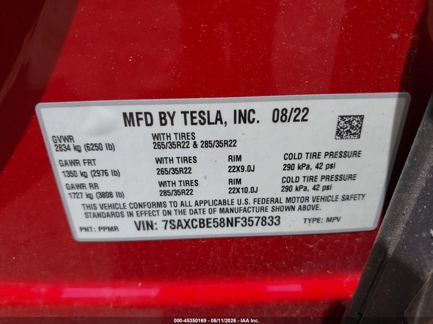 2022 Tesla Model x VIN 7SAXCBE58NF357833 IAAI salvage auction — FRONT END, Salvage Title, sold $11,400 on 2026-07-17 (photo 9)