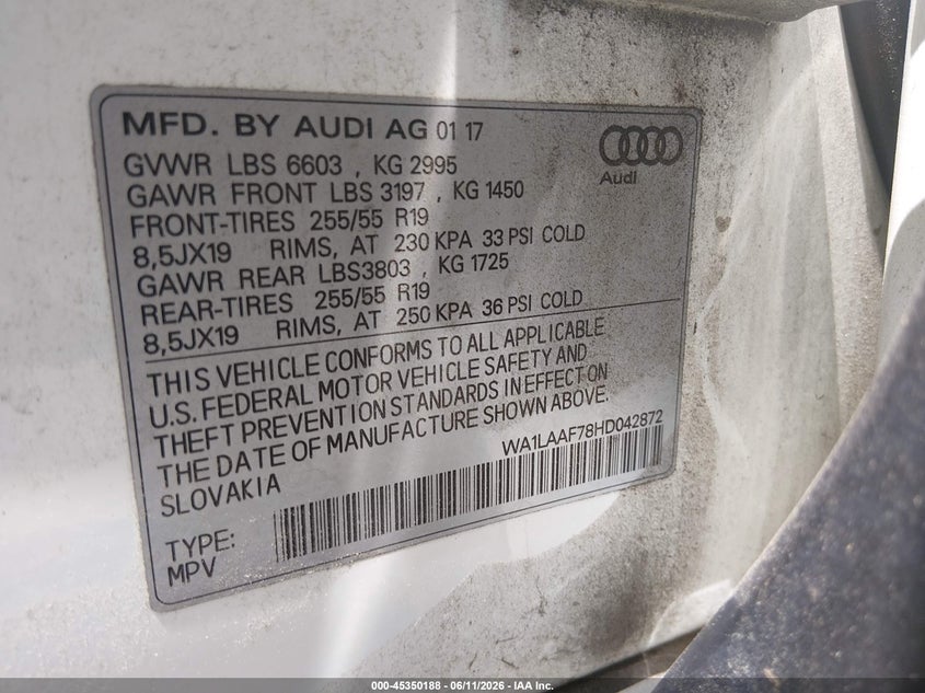 2017 Audi Q7 VIN WA1LAAF78HD042872 IAAI salvage auction — WATER/FLOOD, Salvage Title, sold $4,650 on 2026-07-19 (photo 9)