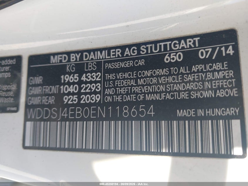 2014 Mercedes-benz VIN WDDSJ4EB0EN118654 IAAI salvage auction — NORMAL WEAR, Salvage Title, sold $1,375 on 2026-07-20 (photo 9)