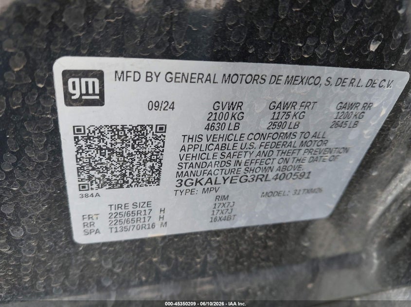 2024 Gmc Terrain VIN 3GKALYEG3RL400591 IAAI salvage auction — REAR END, Salvage (Arizona), sold $9,200 on 2026-08-20 (photo 9)