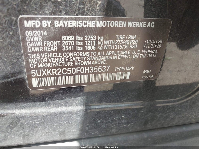 2015 BMW X5 VIN 5UXKR2C50F0H35637 IAAI salvage auction — FRONT END, Original (Texas), sold $4,075 on 2026-07-29 (photo 9)