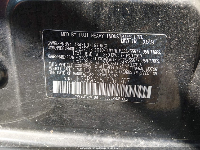 2014 Subaru Xv VIN JF2GPAKC5E8261707 IAAI salvage auction — NORMAL WEAR, Original (Kentucky), sold $2,650 on 2026-07-21 (photo 9)
