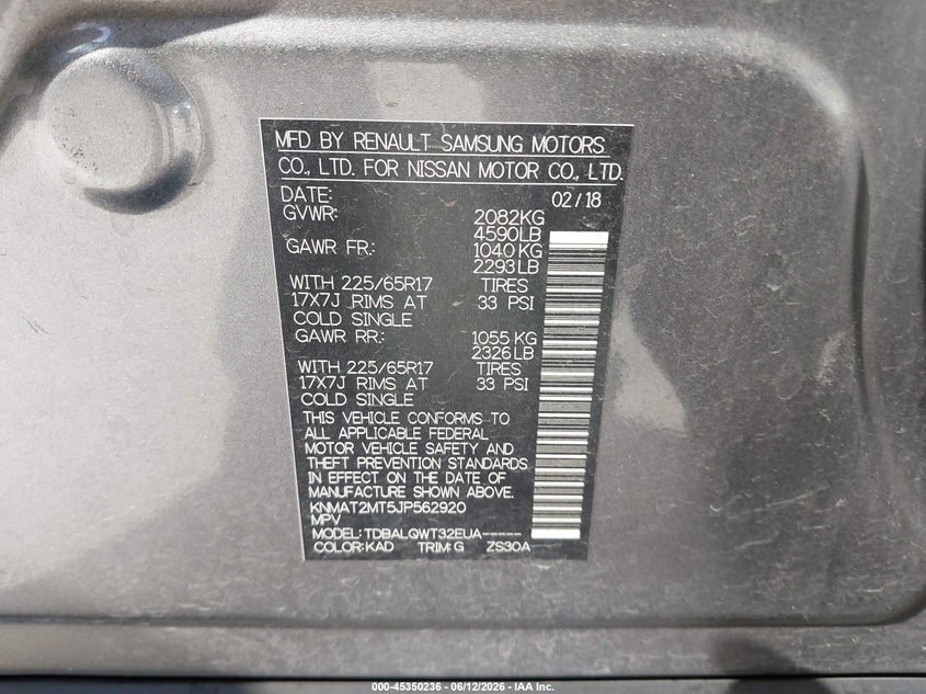 2018 Nissan Rogue VIN KNMAT2MT5JP562920 IAAI salvage auction — LEFT REAR, Salvage (California), sold $2,150 on 2026-07-14 (photo 9)