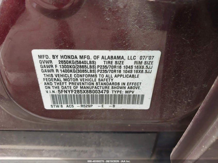 2008 Honda Pilot VIN 5FNYF285X8B003479 IAAI salvage auction — FRONT END, Salvage (North Carolina), sold $250 on 2026-07-09 (photo 9)