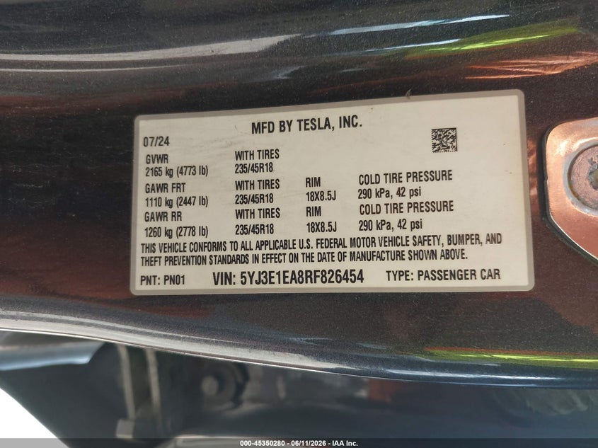 2024 Tesla Model 3 VIN 5YJ3E1EA8RF826454 IAAI salvage auction — RIGHT FRONT, Salvage Title, sold $9,900 on 2026-07-12 (photo 9)