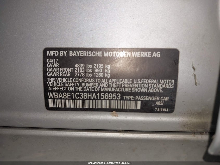 2017 BMW 3er VIN WBA8E1C38HA156953 IAAI salvage auction — NORMAL WEAR, Clear - Dealer Only (California), sold $1,500 on 2026-07-28 (photo 9)