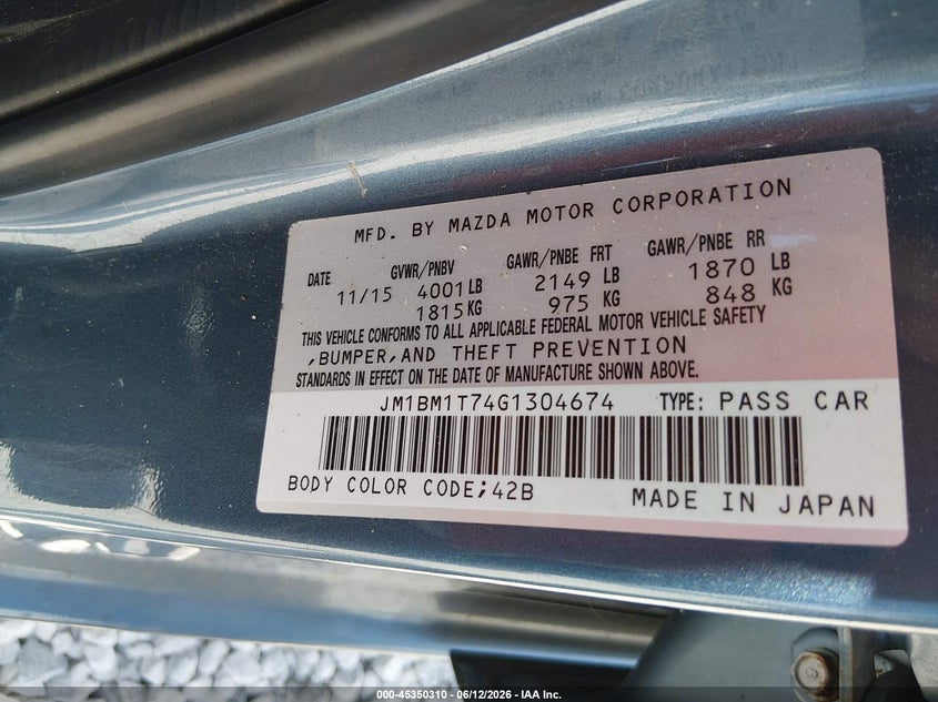 2016 Mazda 3 VIN JM1BM1T74G1304674 IAAI salvage auction — FRONT & REAR, Salvage Title, sold $25 on 2026-07-23 (photo 9)