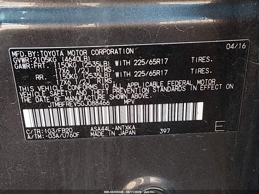 2016 Toyota Rav 4 VIN JTMBFREV5GJ088466 IAAI salvage auction — LEFT FRONT, Salvage (Arizona), sold $2,050 on 2026-07-28 (photo 9)