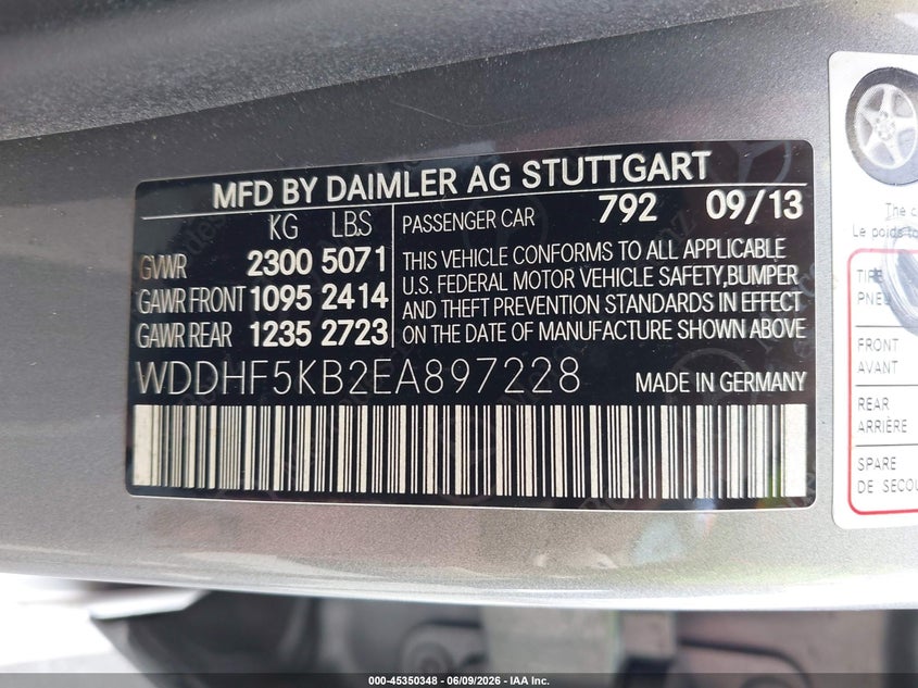 2014 Mercedes-benz VIN WDDHF5KB2EA897228 IAAI salvage auction — NORMAL WEAR, Salvage Title, sold $1,000 on 2026-08-17 (photo 9)