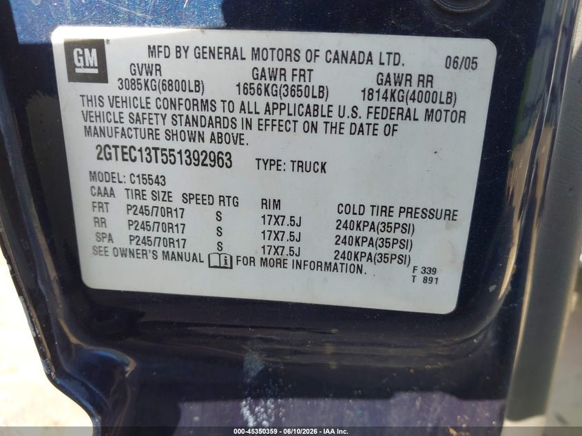 2005 Gmc Sierra 1500 VIN 2GTEC13T551392963 IAAI salvage auction — REPOSSESSION, Original (Texas), sold $975 on 2026-07-09 (photo 9)